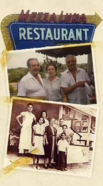 Vintage Mezza Luna Restaurant sign with family photographs